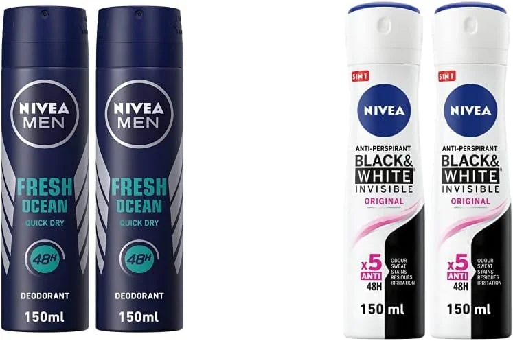 اسپری دئودورانت مردانه نیوآ من، با رایحه اقیانوس فرش آکوا، 2 عدد 150 میلی لیتری و ضد تعریق زنانه نیوآ Black & White Invisible Original، اسپری 150 میلی لیتری، بسته 2 عددی اسپری دئودورانت مردانه نیوآ من، با رایحه اقیانوس فرش آکوا، 2 عدد 150 میلی لیتری و ضد تعریق زنانه نیوآ Black & White Invisible Original، اسپری 150 میلی لیتری، بسته 2 عددی