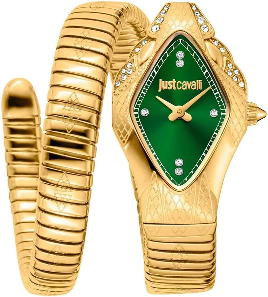 ساعت مچی زنانه جاست کاوالی، قاب طلایی رنگ، صفحه سبز تیره، بند فلزی طلایی رنگ، دو عقربه، 3ATM