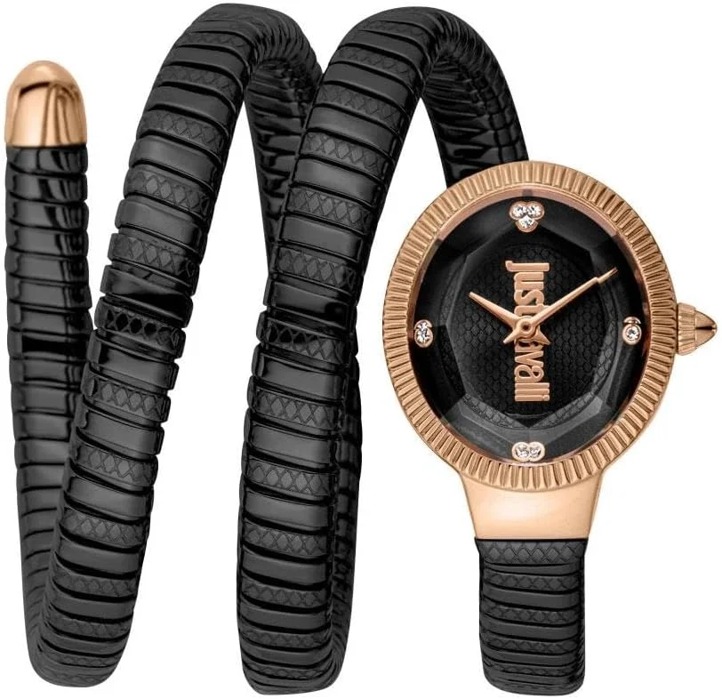 ساعت مچی زنانه جاست کاوالی، قاب رزگلد، صفحه مشکی، بند فلزی دورنگ مشکی و رزگلد، دو عقربه، 3 ATM