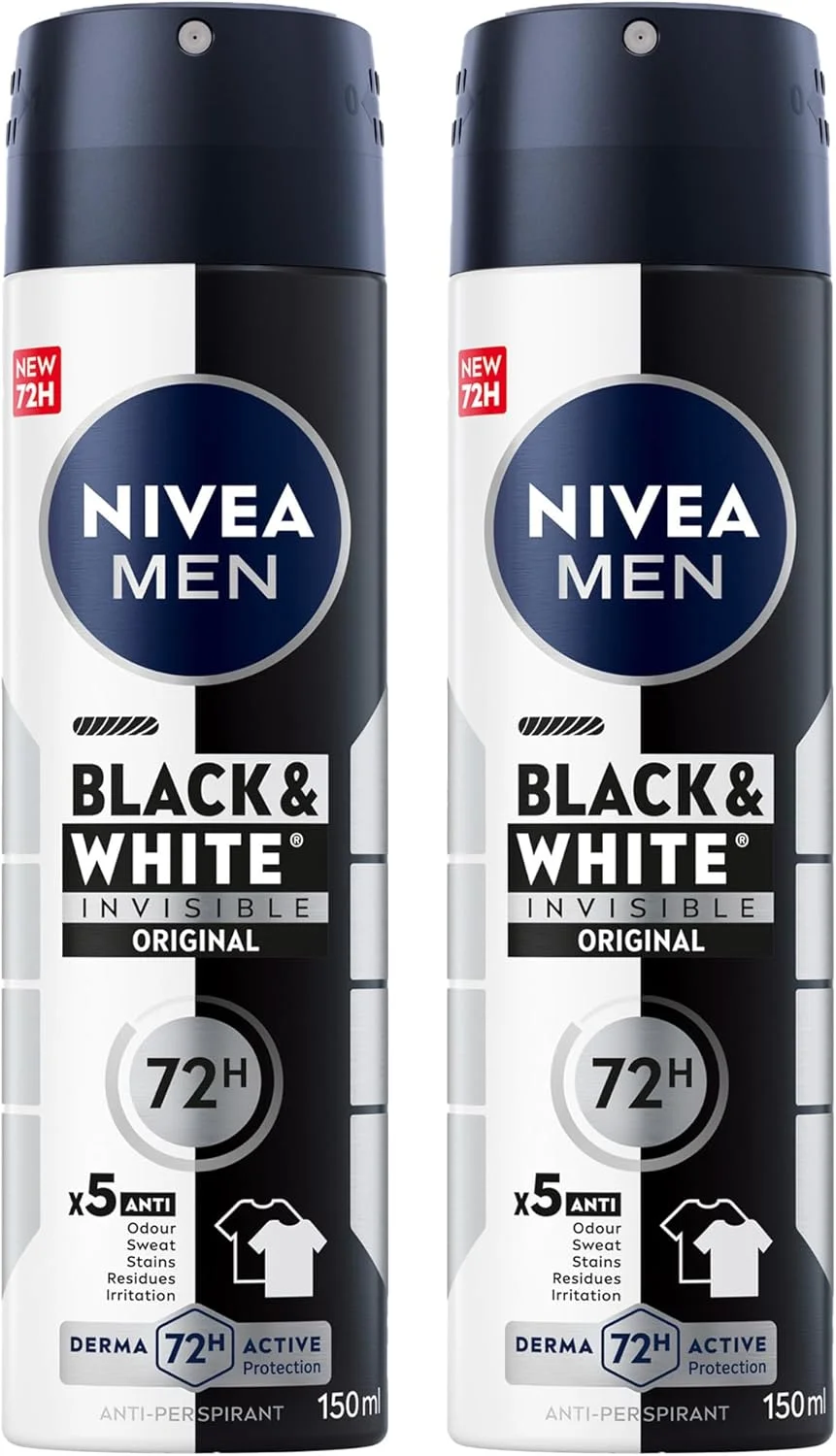 اسپری ضد تعریق مردانه نیوآ مدل Black & White Invisible، اورجینال، محافظت فعال 72 ساعته، 5IN1، ضد بو، عرق، لک، اثر و تحریک، 2x150 میلی لیتر