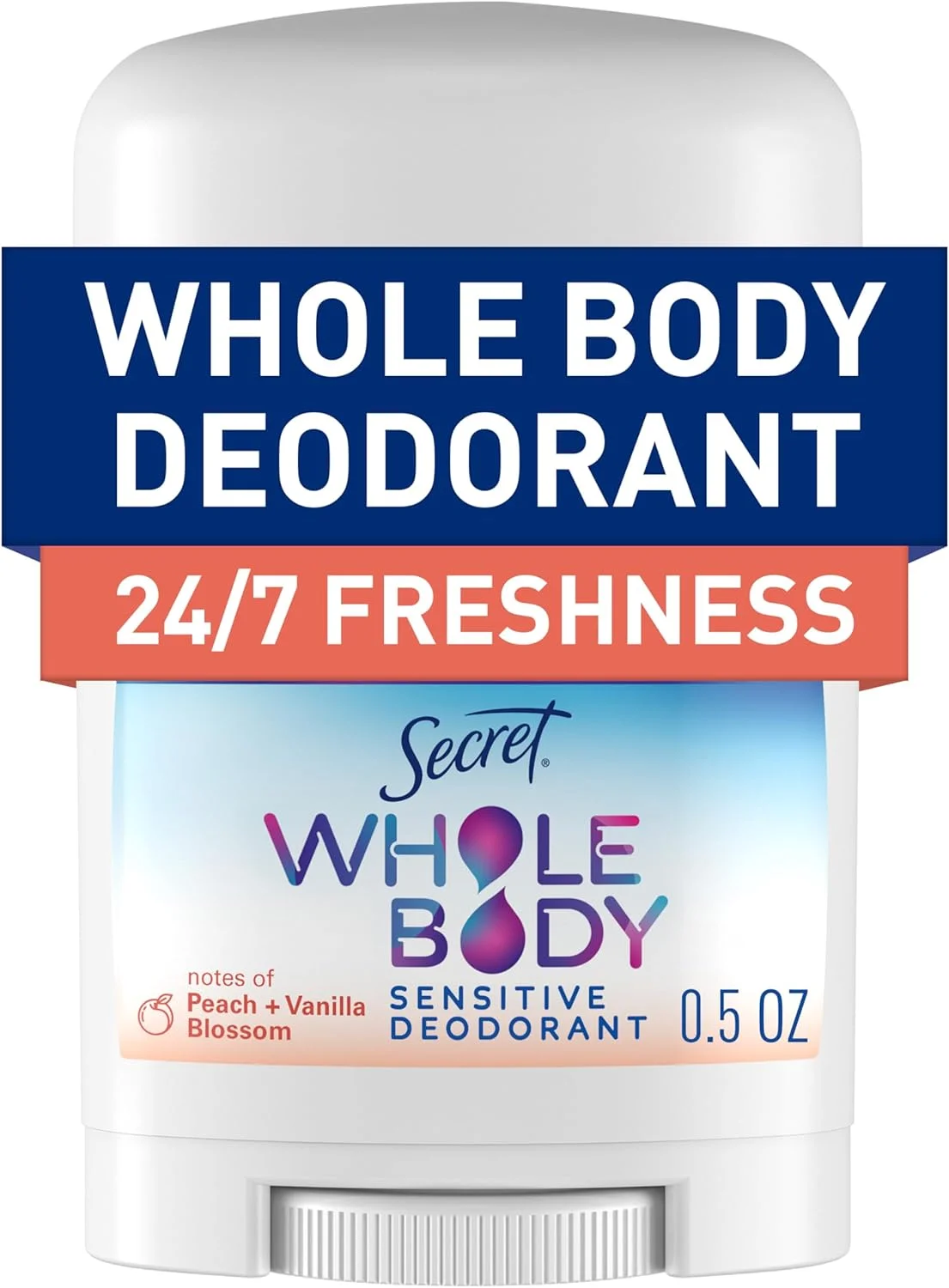Secret Whole Body Deodorant Stick for Women, Travel Size, Peach & Vanilla Blossom Scent, Aluminum Free Deodorant, 72 HR Odor Protection, 0.5 oz Secret Whole Body Deodorant Stick for Women, Travel Size, Peach & Vanilla Blossom Scent, Aluminum Free Deodorant, 72 HR Odor Protection, 0.5 oz