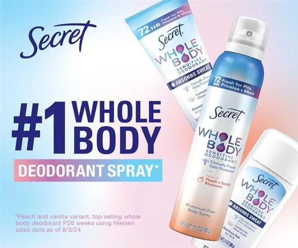 Secret Whole Body Deodorant Stick for Women, Travel Size, Peach & Vanilla Blossom Scent, Aluminum Free Deodorant, 72 HR Odor Protection, 0.5 oz Secret Whole Body Deodorant Stick for Women, Travel Size, Peach & Vanilla Blossom Scent, Aluminum Free Deodorant, 72 HR Odor Protection, 0.5 oz