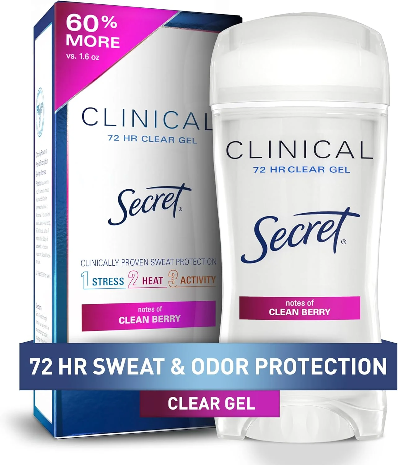 Secret Clinical Strength Antiperspirant Deodorant for Women, 3X Stress Protection, 72hr Sweat & Odor Protection, PH Balancing Minerals, Clear Gel, Clean Berry Scent, 2.6 oz Secret Clinical Strength Antiperspirant Deodorant for Women, 3X Stress Protection, 72hr Sweat & Odor Protection, PH Balancing Minerals, Clear Gel, Clean Berry Scent, 2.6 oz