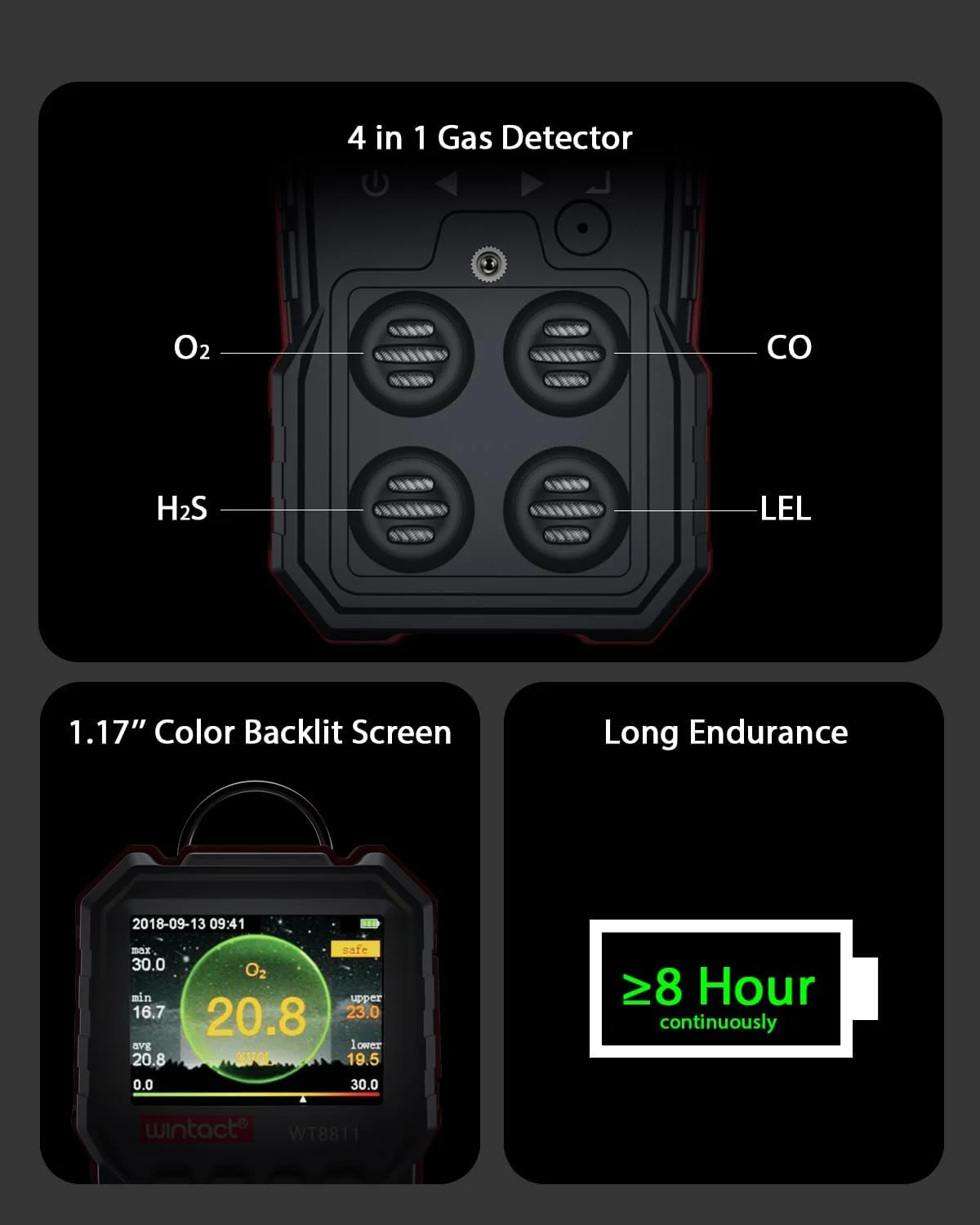 دستگاه تشخیص نشت گاز 4 در 1 وینتکت، مانیتور چندگانه آلارم گازهای قابل اشتعال، گاز طبیعی، متان، پروپان، مونوکسید کربن، سولفید هیدروژن، اکسیژن برای خانه، RV، فاضلاب دستگاه تشخیص نشت گاز 4 در 1 وینتکت، مانیتور چندگانه آلارم گازهای قابل اشتعال، گاز طبیعی، متان، پروپان، مونوکسید کربن، سولفید هیدروژن، اکسیژن برای خانه، RV، فاضلاب