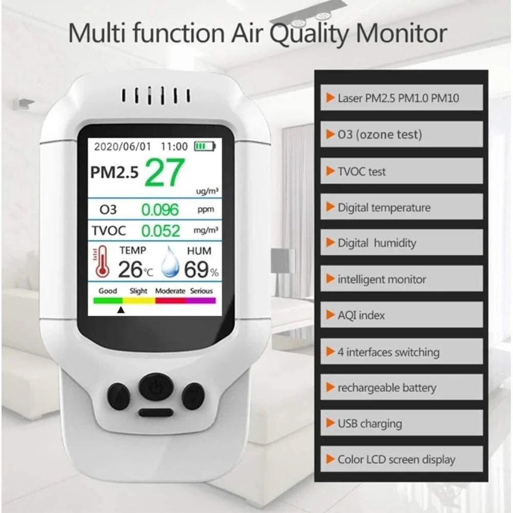 دستگاه سنجش کیفیت هوا SVASTY، آنالیزور TVOC PM2.5، سنسور قابل حمل ازن سنج O3 با محدوده 0-5ppm دستگاه سنجش کیفیت هوا SVASTY، آنالیزور TVOC PM2.5، سنسور قابل حمل ازن سنج O3 با محدوده 0-5ppm