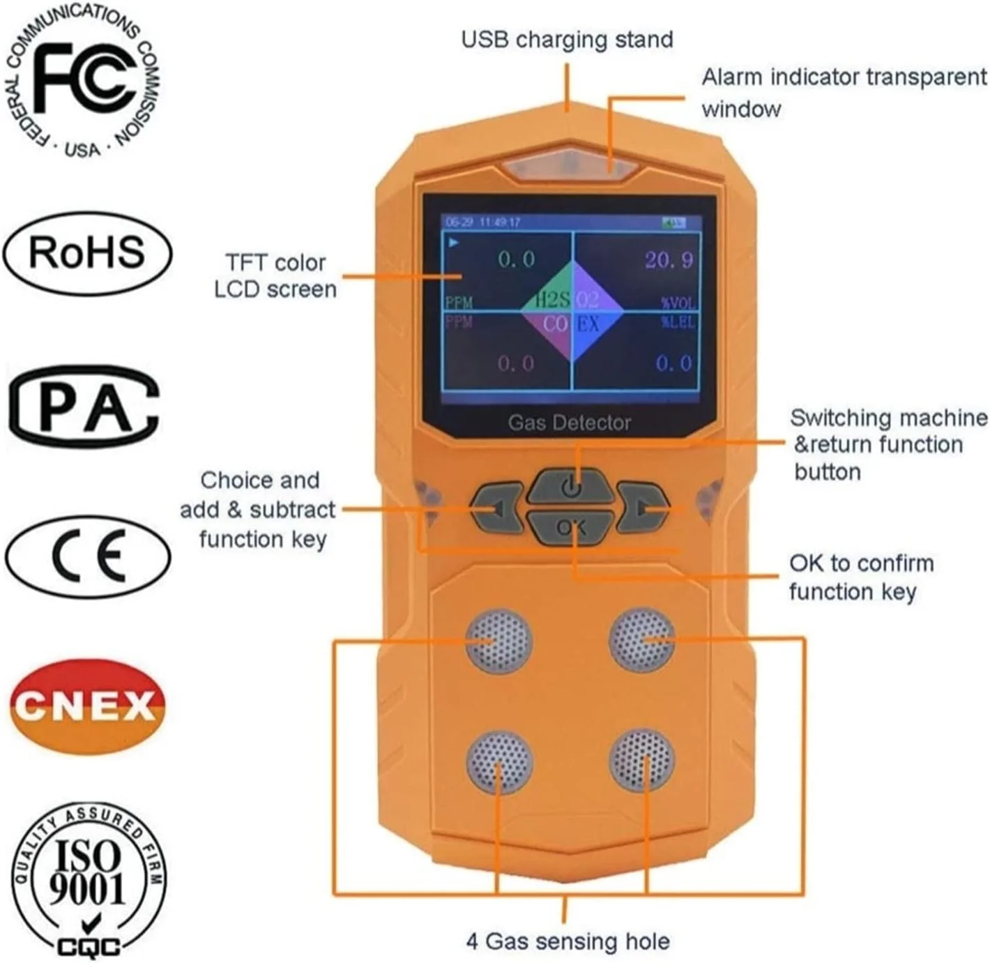 سنسور تشخیص نشت گاز چندگانه SilteD، آنالایزر گاز 4 در 1، ردیاب گاز چندگانه قابل حمل، صفحه نمایش رنگی با نمودار، باتری قابل شارژ، آلارم صوتی و نوری، دقت و حساسیت بالا (رنگ: Ne) سنسور تشخیص نشت گاز چندگانه SilteD، آنالایزر گاز 4 در 1، ردیاب گاز چندگانه قابل حمل، صفحه نمایش رنگی با نمودار، باتری قابل شارژ، آلارم صوتی و نوری، دقت و حساسیت بالا (رنگ: Ne)