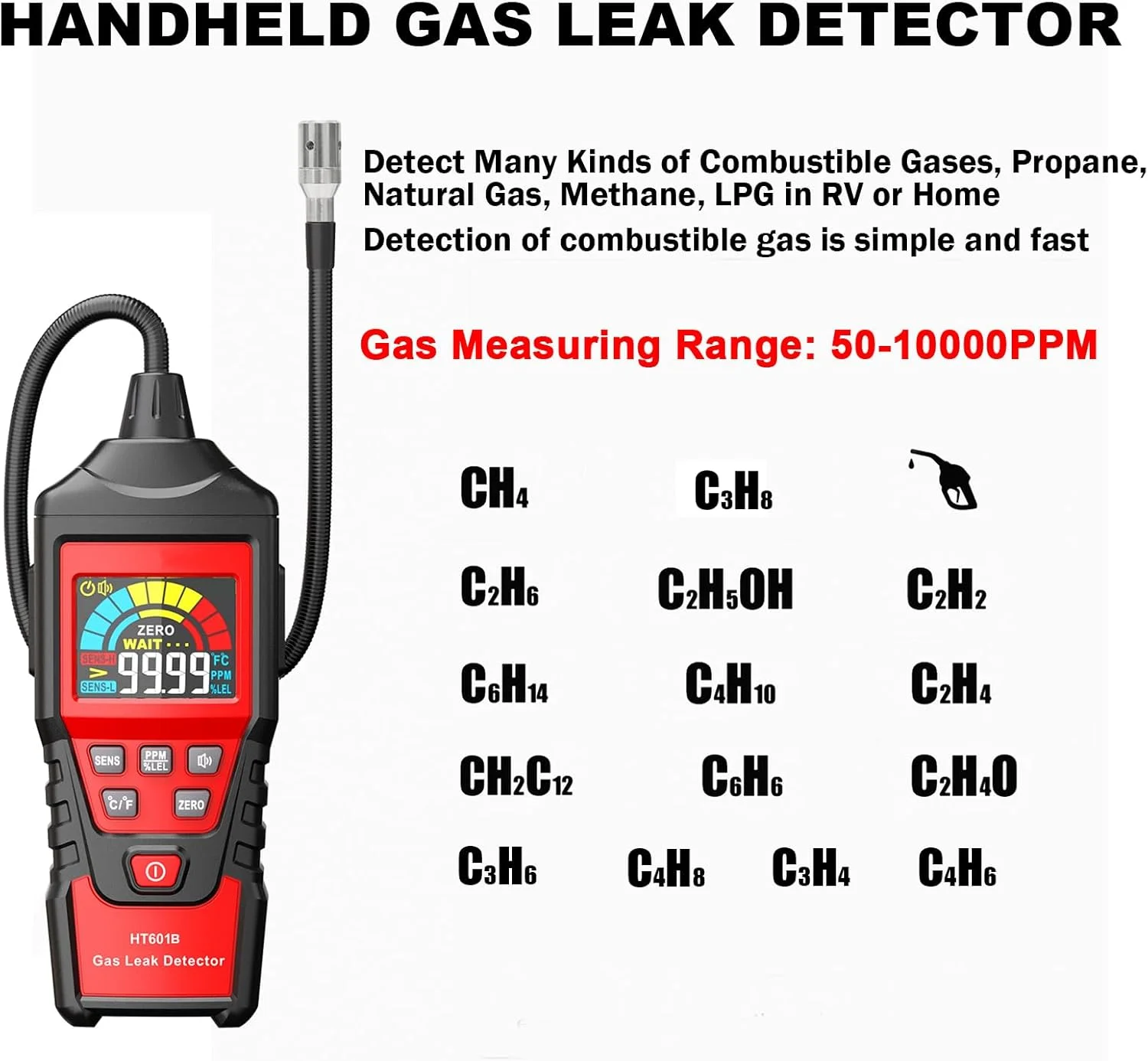 دستگاه تشخیص نشت گاز قابل حمل، آنالایزر گاز دستی، گازهای قابل اشتعال، گاز طبیعی، استون، پروپان، بنزن، اتانول، بنزین، متان، تستر 9999 PPM 20% LEL با صفحه نمایش رنگی LCD دستگاه تشخیص نشت گاز قابل حمل، آنالایزر گاز دستی، گازهای قابل اشتعال، گاز طبیعی، استون، پروپان، بنزن، اتانول، بنزین، متان، تستر 9999 PPM 20% LEL با صفحه نمایش رنگی LCD