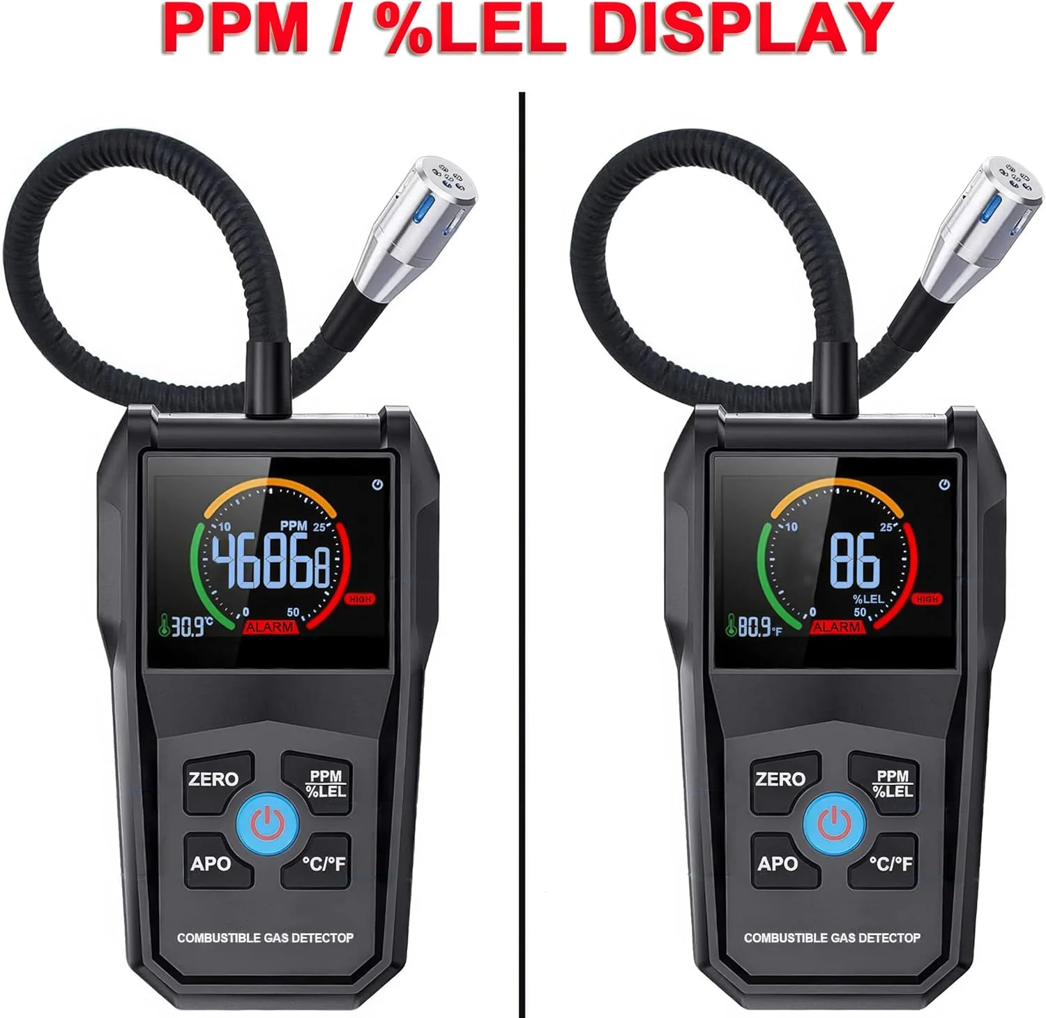 نشت یاب گاز قابل حمل، ردیاب گازهای قابل اشتعال با 50000PPM 100%LEL، صفحه نمایش LCD رنگی، اندازه گیری دما، پروب انعطاف پذیر برای تعیین محل نشت گاز طبیعی، متان، پروپان، اتانول نشت یاب گاز قابل حمل، ردیاب گازهای قابل اشتعال با 50000PPM 100%LEL، صفحه نمایش LCD رنگی، اندازه گیری دما، پروب انعطاف پذیر برای تعیین محل نشت گاز طبیعی، متان، پروپان، اتانول