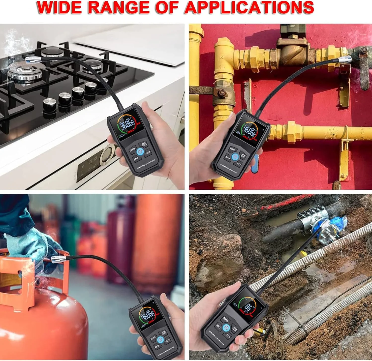 نشت یاب گاز قابل حمل، ردیاب گازهای قابل اشتعال با 50000PPM 100%LEL، صفحه نمایش LCD رنگی، اندازه گیری دما، پروب انعطاف پذیر برای تعیین محل نشت گاز طبیعی، متان، پروپان، اتانول نشت یاب گاز قابل حمل، ردیاب گازهای قابل اشتعال با 50000PPM 100%LEL، صفحه نمایش LCD رنگی، اندازه گیری دما، پروب انعطاف پذیر برای تعیین محل نشت گاز طبیعی، متان، پروپان، اتانول