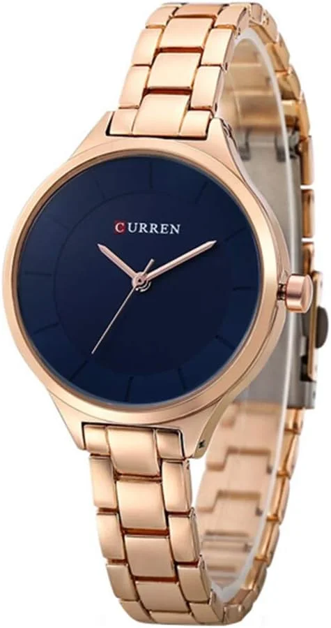 ساعت مچی زنانه کورن با طراحی ظریف، عقربه های براق، صفحه مینیمالیستی با بند استیل قابل تنظیم و قفل پروانه ای ایمن، آبی با طلایی، M، کژوال