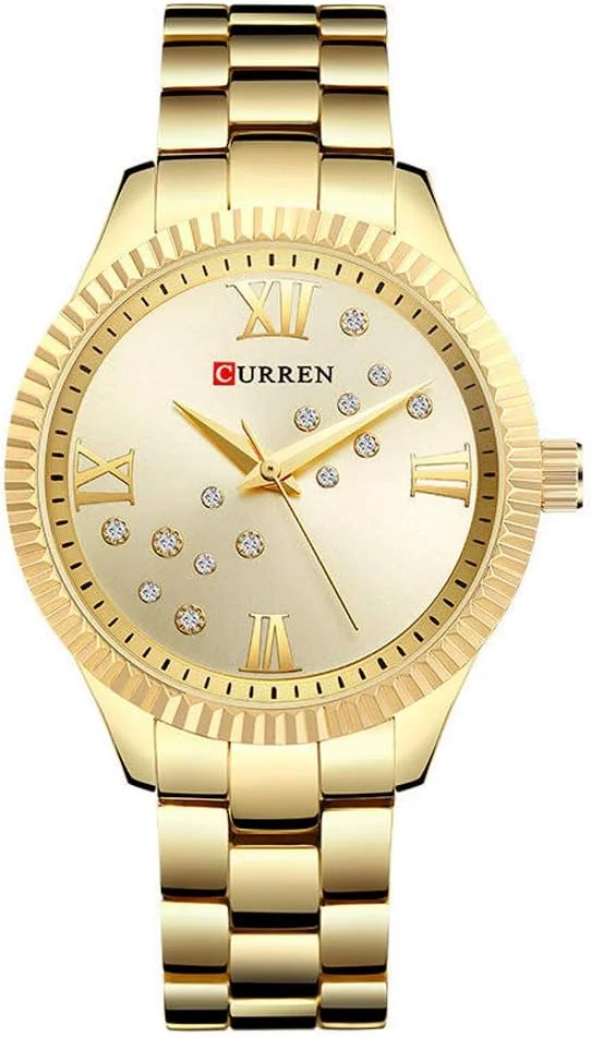 ساعت زنانه CURREN، زنانه، دستبند آنالوگ براق، قاب با زیرکونیا، ظریف، غیر رسمی با فلز قابل افزایش، سنجاق سینه پروانه ای، طلایی، M، غیر رسمی