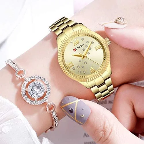 ساعت زنانه CURREN، زنانه، دستبند آنالوگ براق، قاب با زیرکونیا، ظریف، غیر رسمی با فلز قابل افزایش، سنجاق سینه پروانه ای، طلایی، M، غیر رسمی