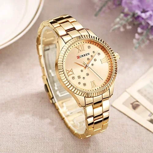 ساعت زنانه CURREN، زنانه، دستبند آنالوگ براق، قاب با زیرکونیا، ظریف، غیر رسمی با فلز قابل افزایش، سنجاق سینه پروانه ای، طلایی، M، غیر رسمی