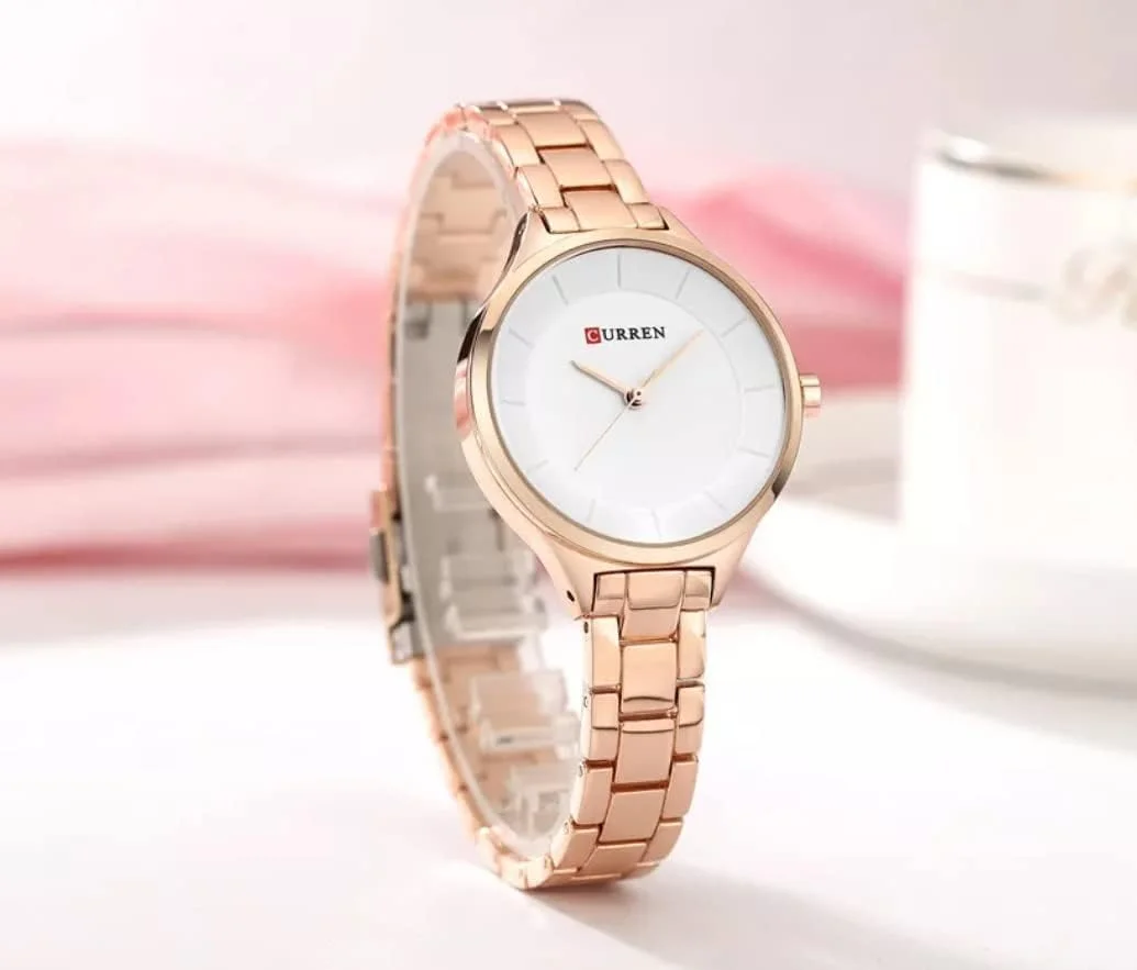 ساعت مچی آنالوگ زنانه کورن، قاب استیل ضد زنگ رزگلد، صفحه سفید، بند استیل ضد زنگ رزگلد