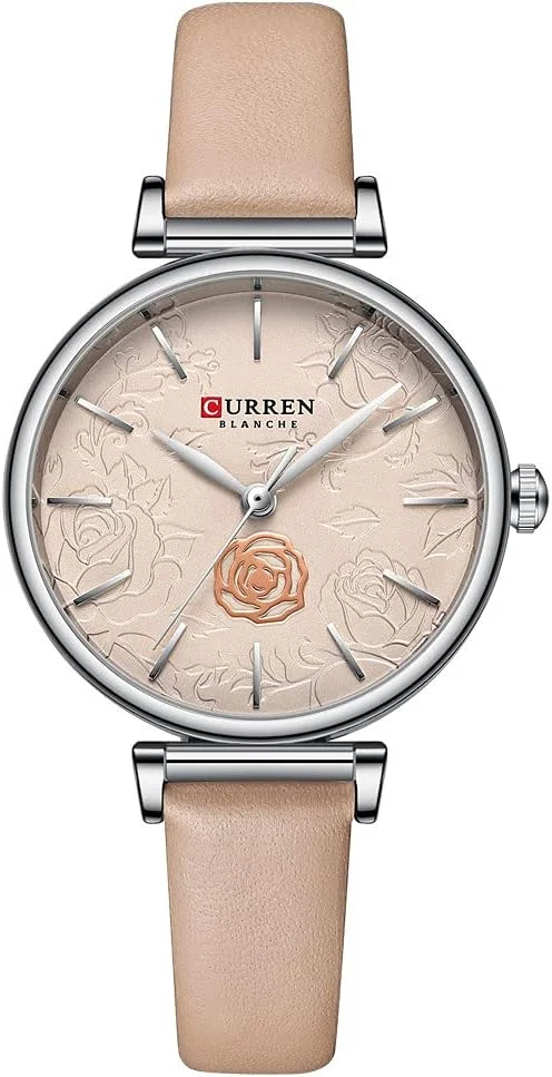 ساعت آنالوگ زنانه CURREN، جزئیات صورتی در بافت و طرح، بند چرمی قابل تنظیم با سگک، طراحی کلاسیک و زنانه، صورتی، s، نوار