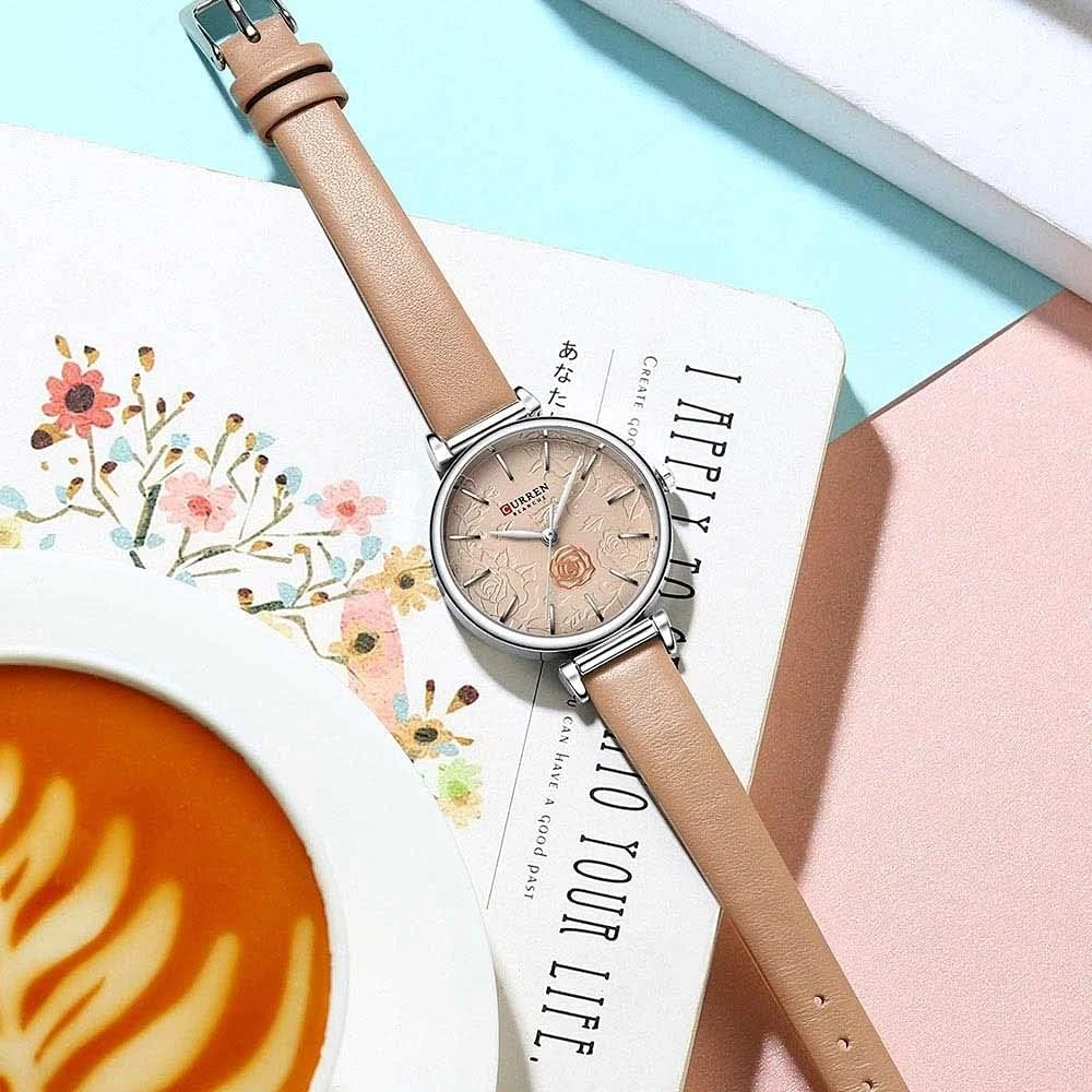 ساعت آنالوگ زنانه CURREN، جزئیات صورتی در بافت و طرح، بند چرمی قابل تنظیم با سگک، طراحی کلاسیک و زنانه، صورتی، s، نوار