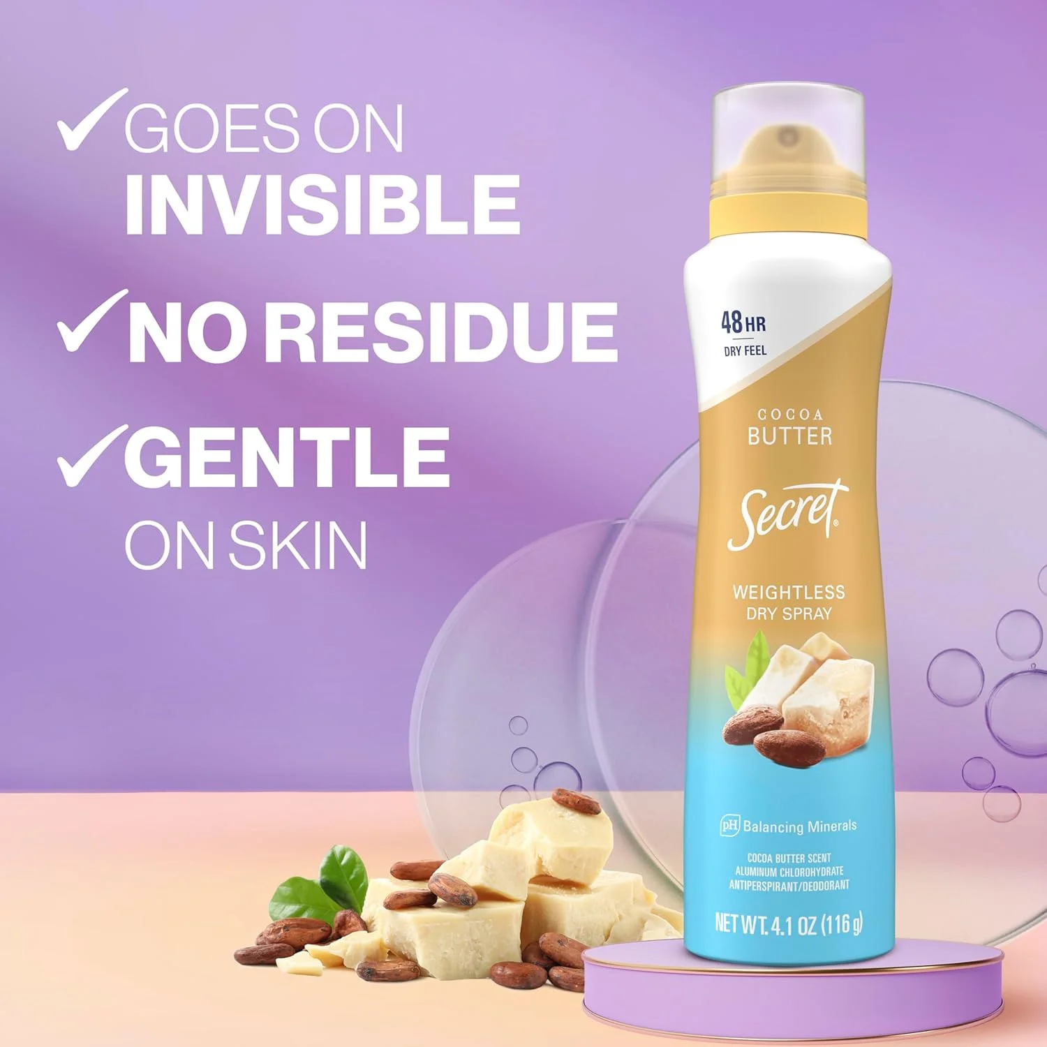اسپری ضد تعریق و دئودورانت زنانه سکرت، محافظت 48 ساعته در برابر تعریق و بو، ملایم بر روی پوست، رایحه کره کاکائو، 116 گرم
