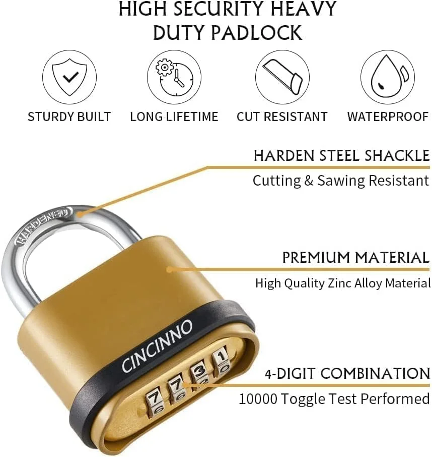 قفل رمزی 4 رقمی SYOSI، قفل های سنگین و مقاوم بدون کلید با طراحی سگکی و روکش برنجی، مناسب برای فضای باز، سوله ها، کمد، باشگاه، دروازه، قفل رمزی مکانیکی با حلقه بلند قفل رمزی 4 رقمی SYOSI، قفل های سنگین و مقاوم بدون کلید با طراحی سگکی و روکش برنجی، مناسب برای فضای باز، سوله ها، کمد، باشگاه، دروازه، قفل رمزی مکانیکی با حلقه بلند