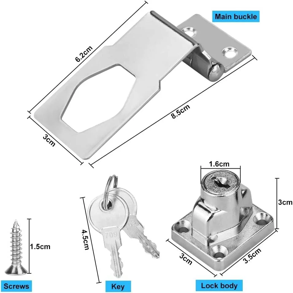 قفل زبانه کوچک SYOSI با زاویه 90 درجه، قفل فلزی 3 اینچ / 76 میلی متر، قفل درب، سگک قفل ایمنی درب، قفل کابینت، کمد، کشو، دروازه، نقره ای همراه با قفل و کلید و پیچ