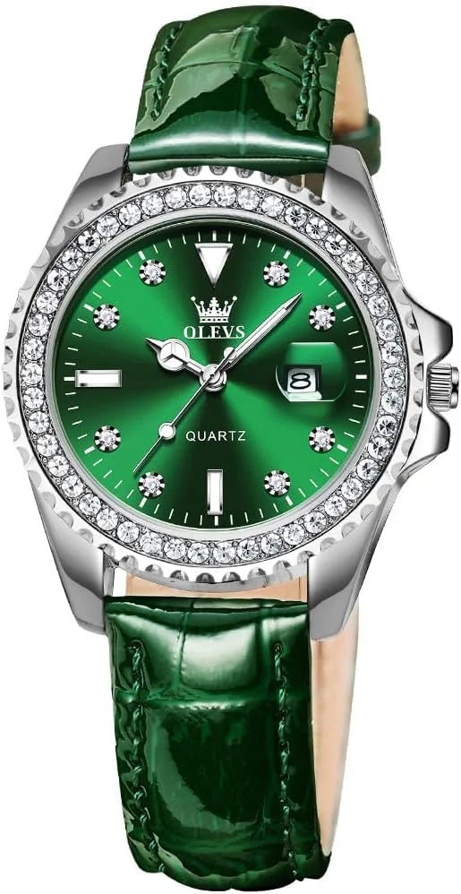 ساعت مچی زنانه با نگین الماس، ساعت زنانه کوارتز آنالوگ بند چرمی سبز دو رنگ ضد آب شب تاب تاریخ روز مناسب هدیه برای بانوان