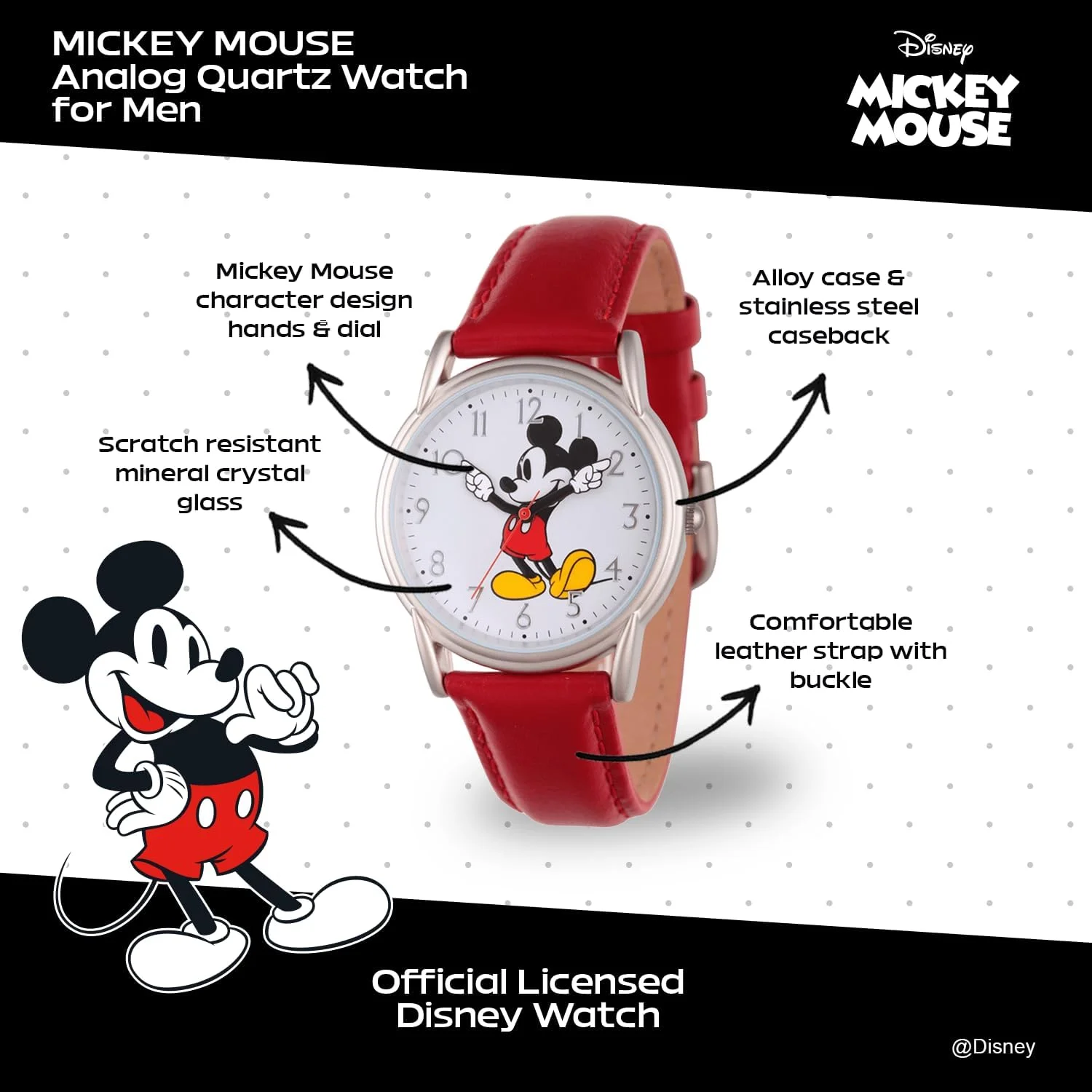 Disney Mickey Mouse Adult Classic Cardiff Articulating Hands Analog Quartz Leather Strap Watch