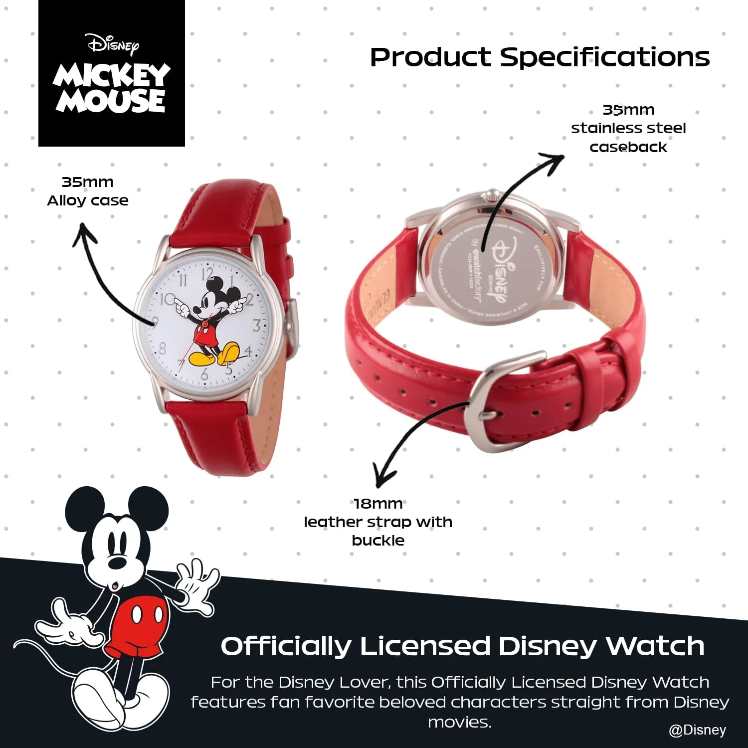 Disney Mickey Mouse Adult Classic Cardiff Articulating Hands Analog Quartz Leather Strap Watch