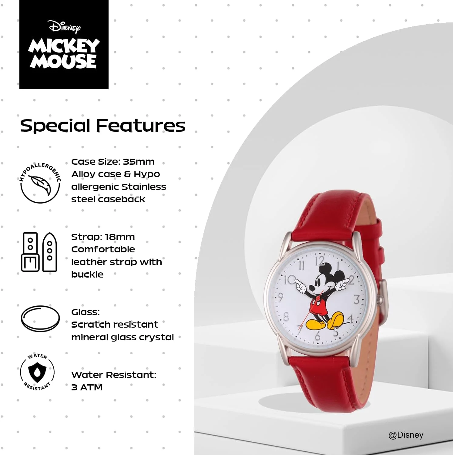 Disney Mickey Mouse Adult Classic Cardiff Articulating Hands Analog Quartz Leather Strap Watch