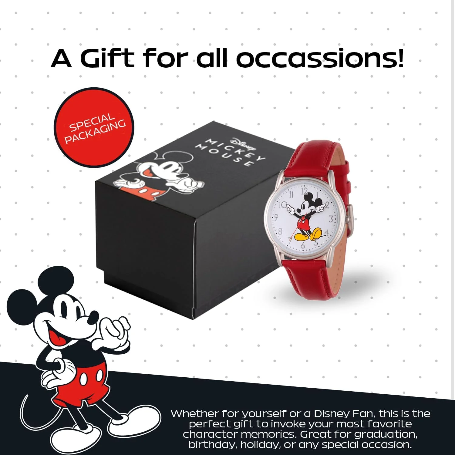 Disney Mickey Mouse Adult Classic Cardiff Articulating Hands Analog Quartz Leather Strap Watch