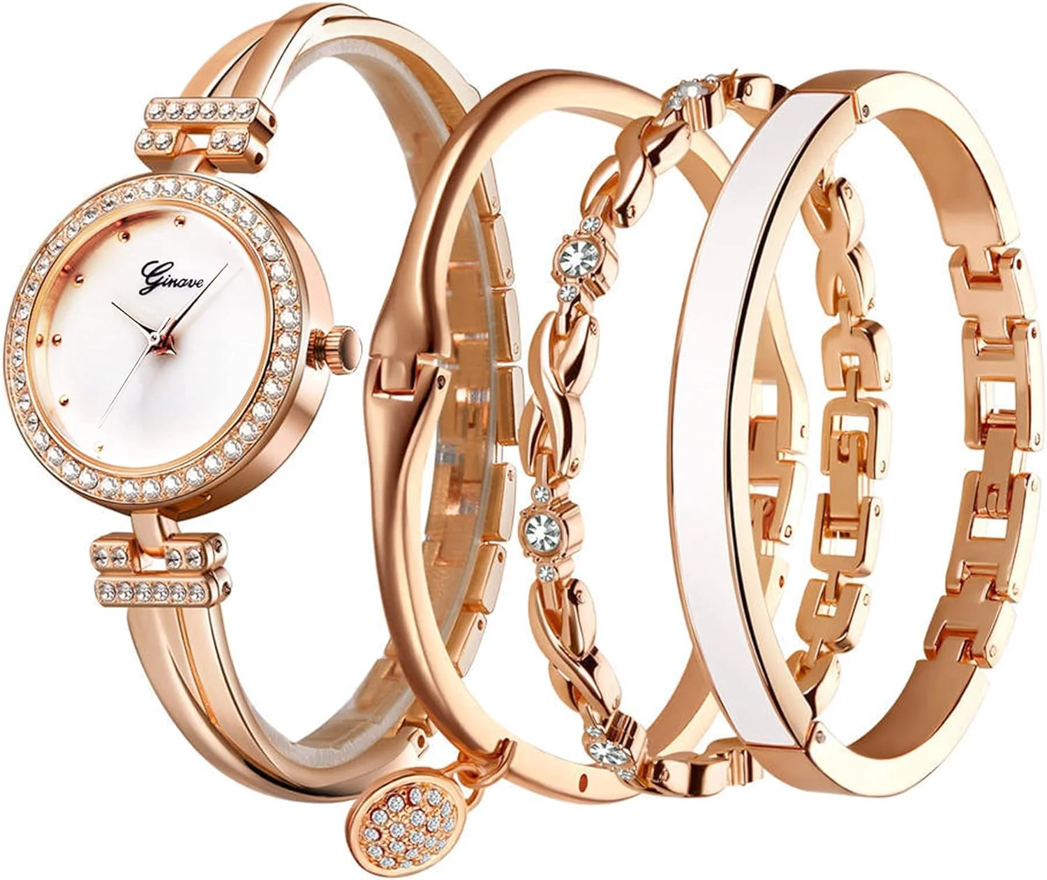 ست ساعت مچی زنانه شیک، ست 4 عددی ساعت زنانه با دستبند، ساعت های کوارتز آنالوگ الماس دار با بند استیل ضد زنگ، ست ساعت و دستبند رزگلد