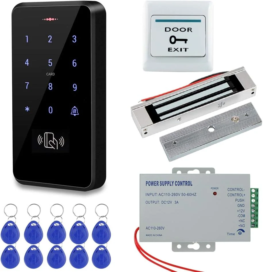 کیت سیستم کنترل دسترسی درب ضد آب HFeng IP68، صفحه کلید کنترل دسترسی RFID، پنل لمسی + قفل مغناطیسی برقی 180 کیلوگرمی + منبع تغذیه + 10 عدد جاسوئیچی