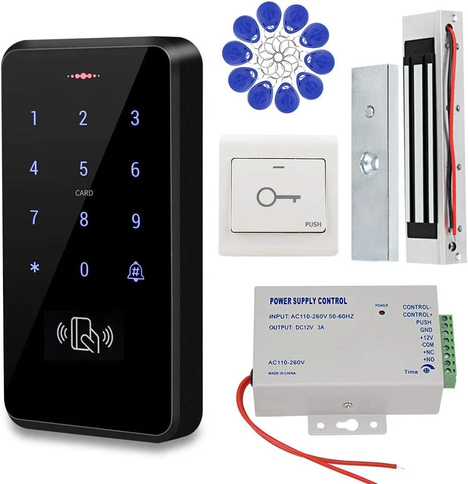 کیت سیستم کنترل دسترسی درب کارتی RFID ضد آب KDL IP68، صفحه کلید مناسب استفاده در فضای باز، ترانسفورماتور منبع تغذیه DC12V، قفل مغناطیسی با نیروی نگهداری 180 کیلوگرم / 350 پوند به همراه دکمه خروج، جاسوئیچی و کارت های 125 کیلوهرتز