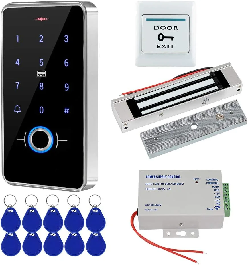 کیت سیستم کنترل دسترسی درب FST، ضد آب IP68، صفحه کلید اثر انگشتی RFID + قفل مغناطیسی برقی 180 کیلوگرمی + 10 عدد جاسوئیچی، مناسب فضای باز و منزل