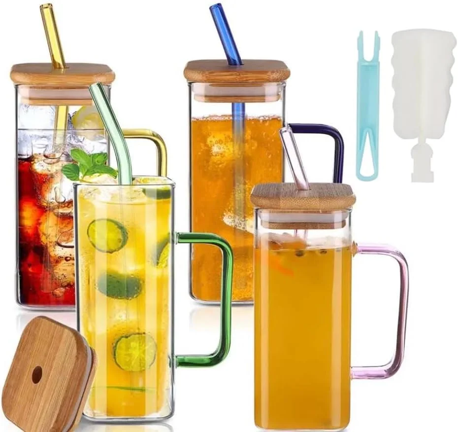 لیوان های نوشیدنی SahifyStore با درب، نی شیشه ای و دسته رنگی، لیوان آبجو، لیوان قهوه سرد، لیوان، لیوان آب، ظروف نوشیدنی مهمانی 400 میلی لیتر (4 عدد)