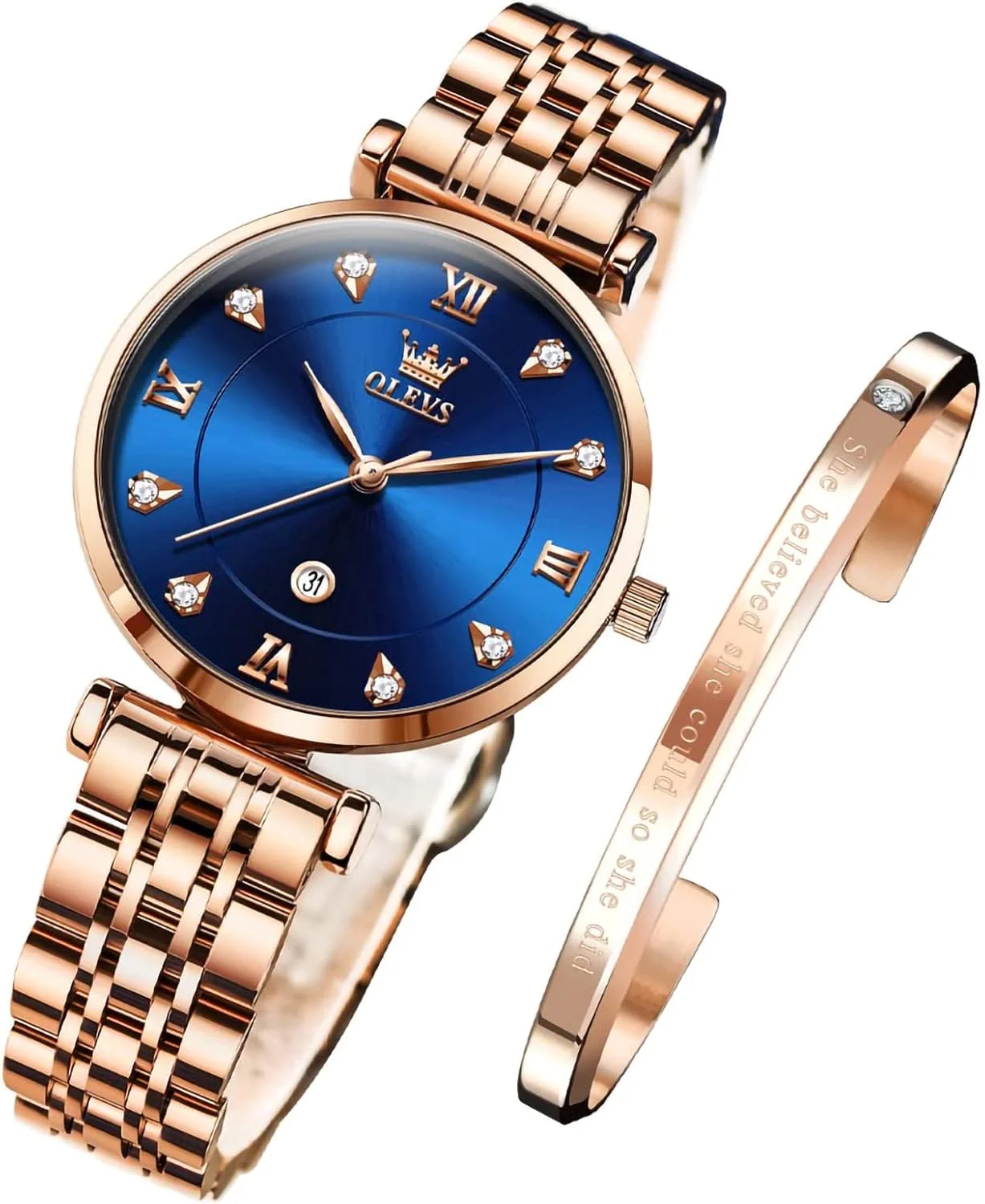 ساعت مچی زنانه Excefore، رزگلد، فشن، مجلسی، شیک، صفحه الماس، آنالوگ کوارتز، بند استیل ضد زنگ، نمایشگر تاریخ، ضد آب