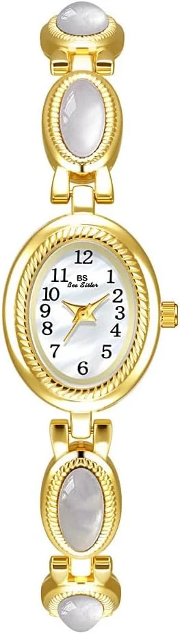 ساعت مچی زنانه FANMIS با طرح طلایی و دستبند ظریف، صفحه بیضی یشمی، مناسب برای مجالس و استفاده روزمره، ضد آب