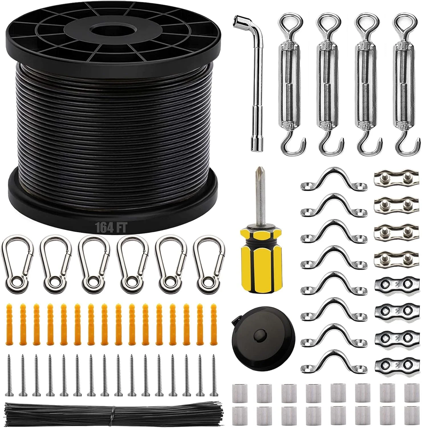 کیت آویز چراغ رشته ای SYOSI با طناب سیم فولادی ضد زنگ 304 با روکش نایلونی 164 فوتی، کیت تعلیق چراغ رشته ای، سیم راهنما با مهارکش ها و قلاب ها برای پاسیو، لوازم جانبی نورپردازی حیاط خلوت