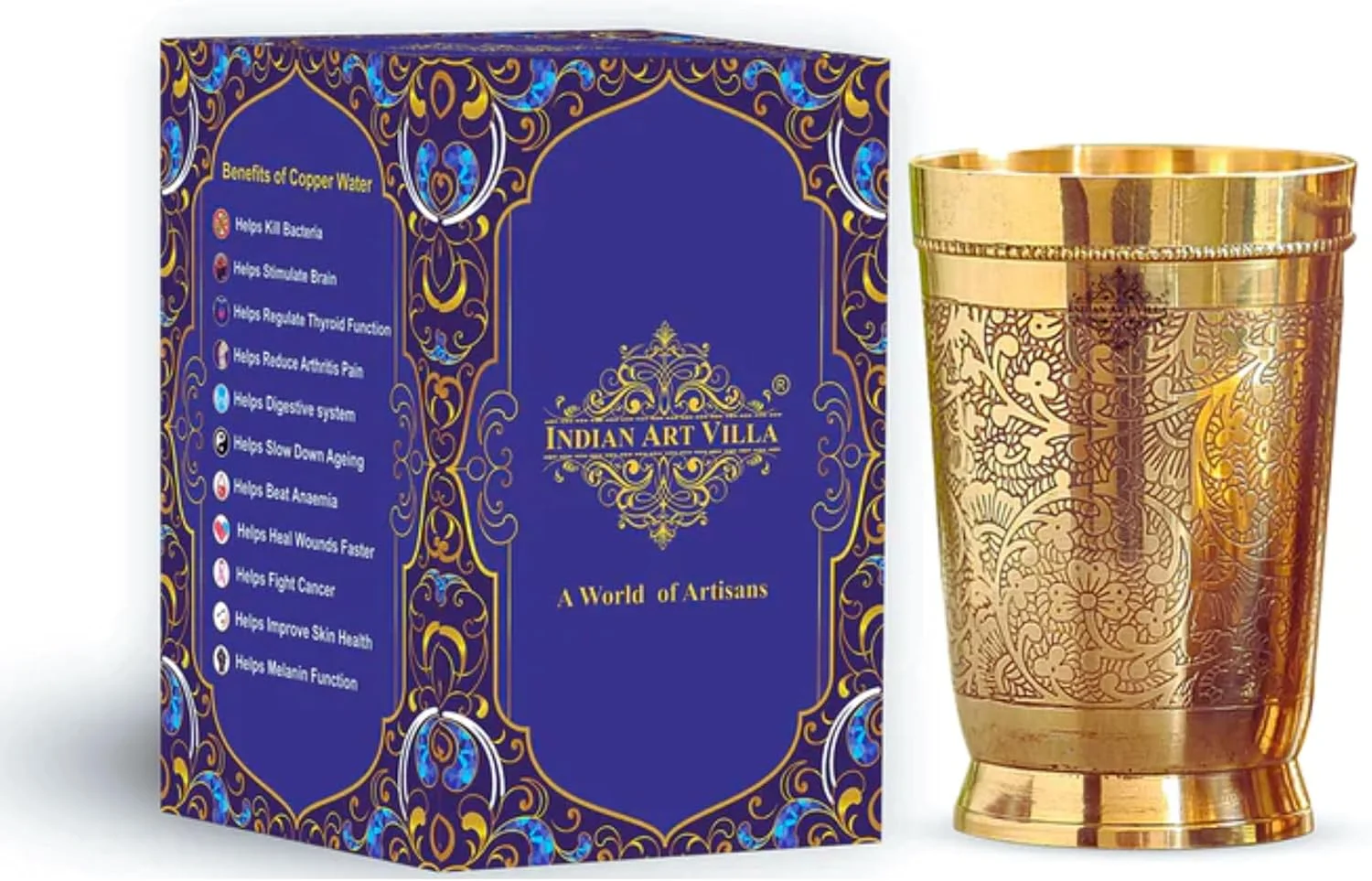 لیوان برنجی خالص طرح دار INDIAN ART VILLA، برای نوشیدن و سرو آب، یوگا و آیورودا، حجم 300 میلی لیتر، 1 عدد