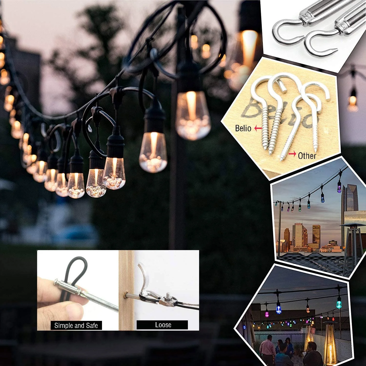 کیت آویز چراغ رشته ای SYOSI، کابل استیل ضد زنگ برای چراغ های فضای باز، کیت آویز چراغ رشته ای شامل کابل سیم طناب 182 فوتی، مهارکش و قلاب، نصب آسان در فضای باز و داخل خانه