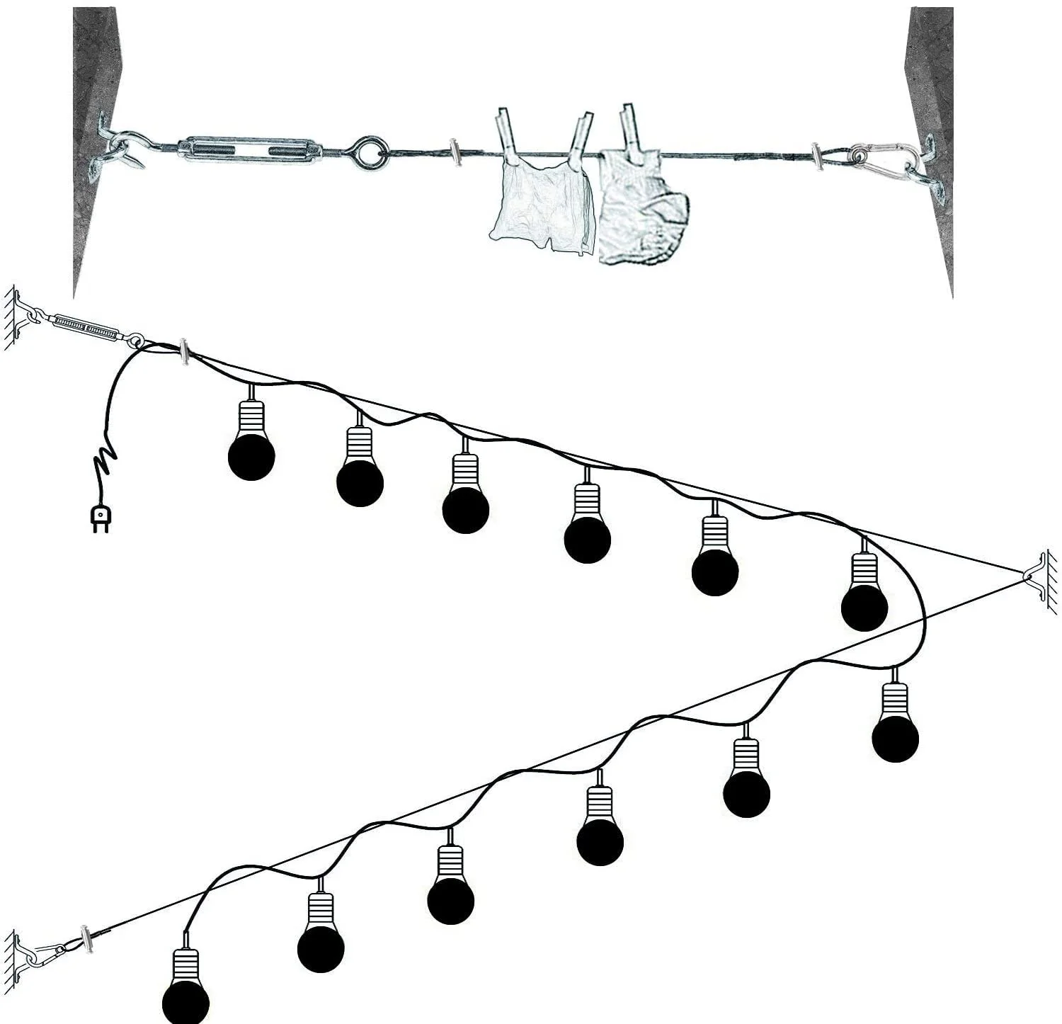 کیت آویز چراغ رشته ای SYOSI، کابل استیل ضد زنگ برای چراغ های فضای باز، کیت آویز چراغ رشته ای شامل کابل سیم طناب 182 فوتی، مهارکش و قلاب، نصب آسان در فضای باز و داخل خانه