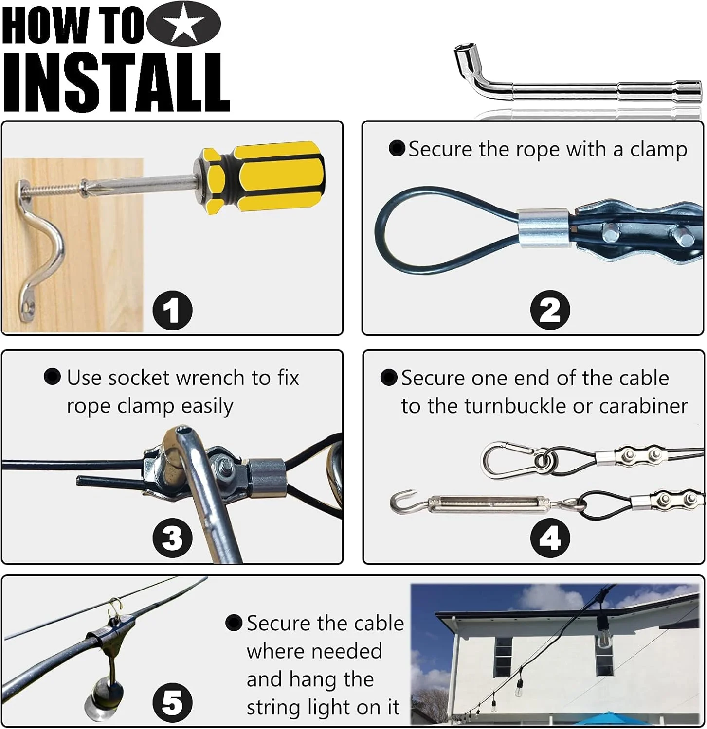 کیت آویز چراغ رشته ای SYOSI با طناب سیم فولادی ضد زنگ 304 با روکش نایلونی 164 فوتی، کیت تعلیق چراغ رشته ای، سیم راهنما با مهارکش ها و قلاب ها برای پاسیو، لوازم جانبی نورپردازی حیاط خلوت کیت آویز چراغ رشته ای SYOSI با طناب سیم فولادی ضد زنگ 304 با روکش نایلونی 164 فوتی، کیت تعلیق چراغ رشته ای، سیم راهنما با مهارکش ها و قلاب ها برای پاسیو، لوازم جانبی نورپردازی حیاط خلوت