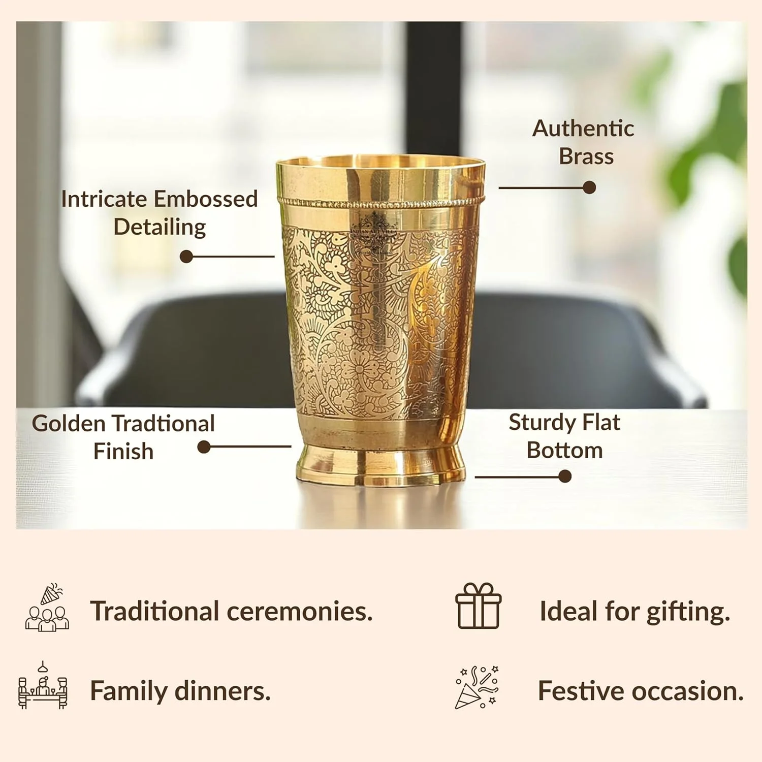 لیوان برنجی خالص طرح دار INDIAN ART VILLA، برای نوشیدن و سرو آب، یوگا و آیورودا، حجم 300 میلی لیتر، 1 عدد لیوان برنجی خالص طرح دار INDIAN ART VILLA، برای نوشیدن و سرو آب، یوگا و آیورودا، حجم 300 میلی لیتر، 1 عدد
