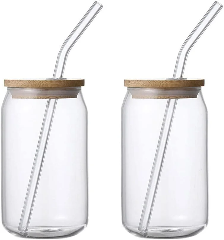 یارنو لیوان شیشه ای قوطی با درب و نی، 2 ست فنجان شیشه ای به شکل قوطی، لیوان شیشه ای، لیوان فانتزی زیبا، برای نوشابه، چای، آب، 390 میلی لیتر