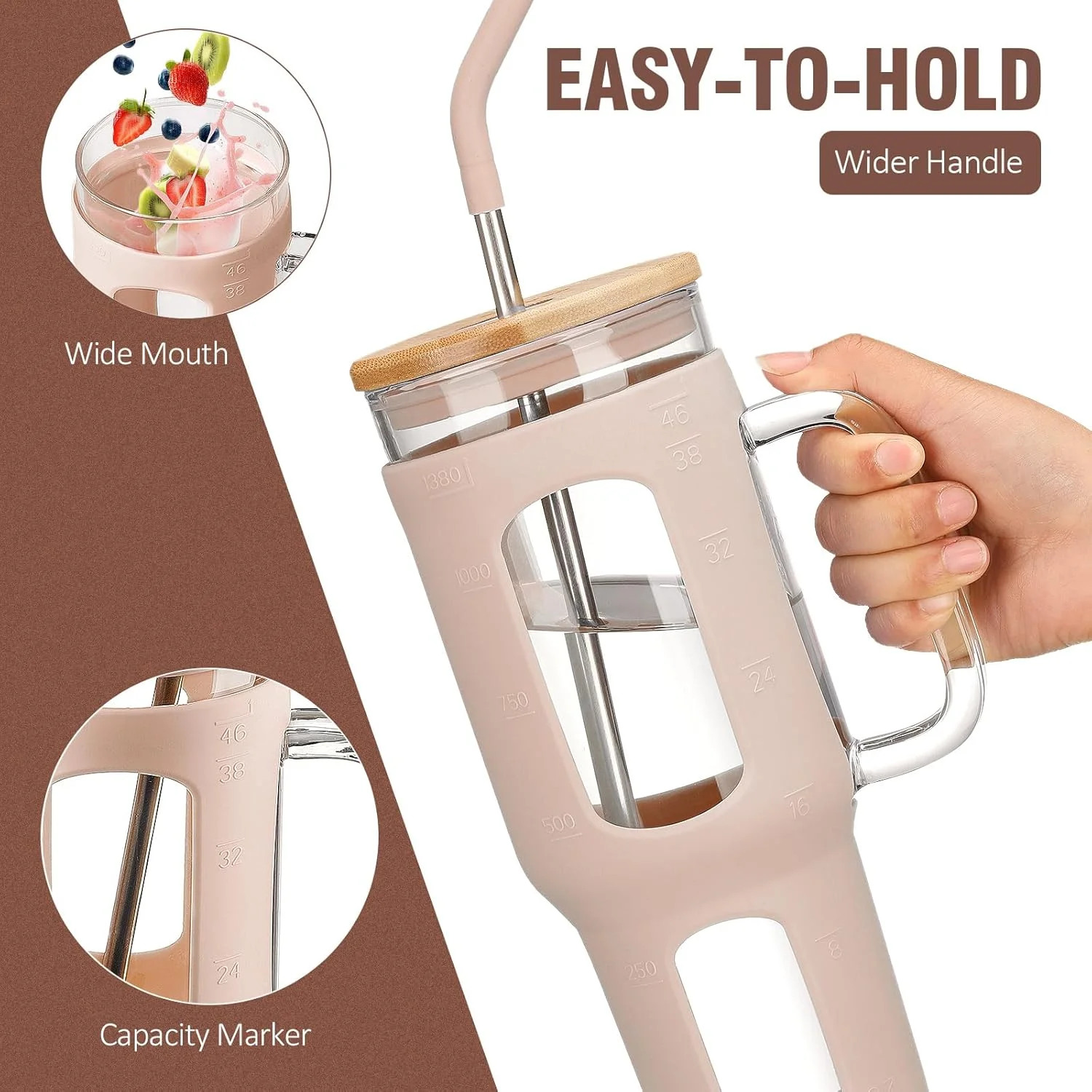 لیوان شیشه ای WINSA با درب و نی، فنجان قهوه سرد 1360 میلی لیتری با دسته، بطری های آب بزرگ با روکش سیلیکونی، لیوان شیشه ای با نی - نی مرواریدی و نی نوشیدنی بدون BPA - کهربایی