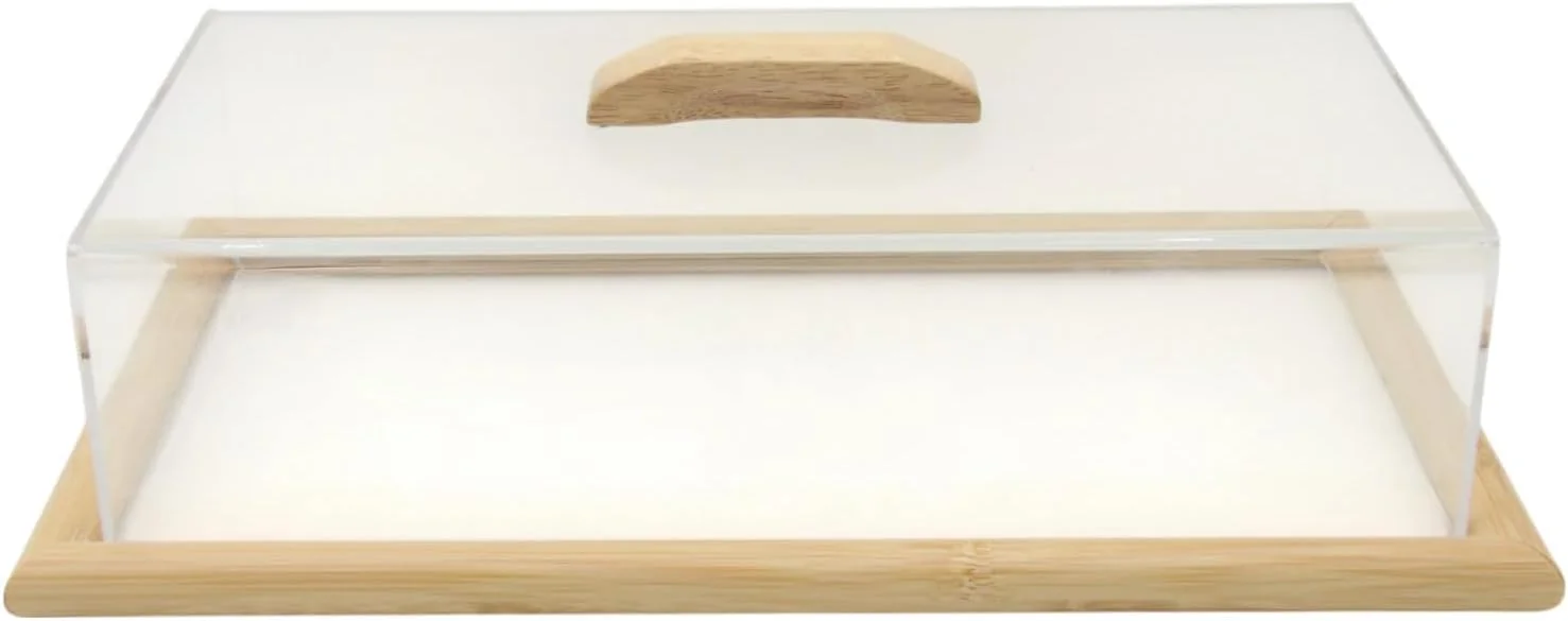 سینی سرو بامبو Hams Ideas با درب اکریلیک شفاف و دسته چوبی - پوشش بزرگ نمایش غذا برای شیرینی، تنقلات، پنیر، دسر - 12x37x21 سانتی متر
