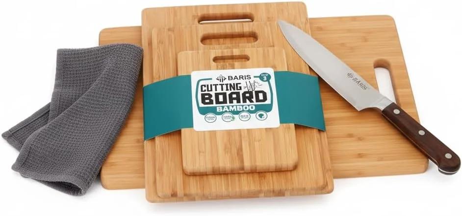 ست تخته برش چوبی BARIS شامل 3 سایز (کوچک، متوسط، بزرگ) - تخته برش و تخته خردکن بامبو برای آشپزخانه، گوشت، پنیر، سبزیجات، میوه ها و نان - دسته های ضد لغزش