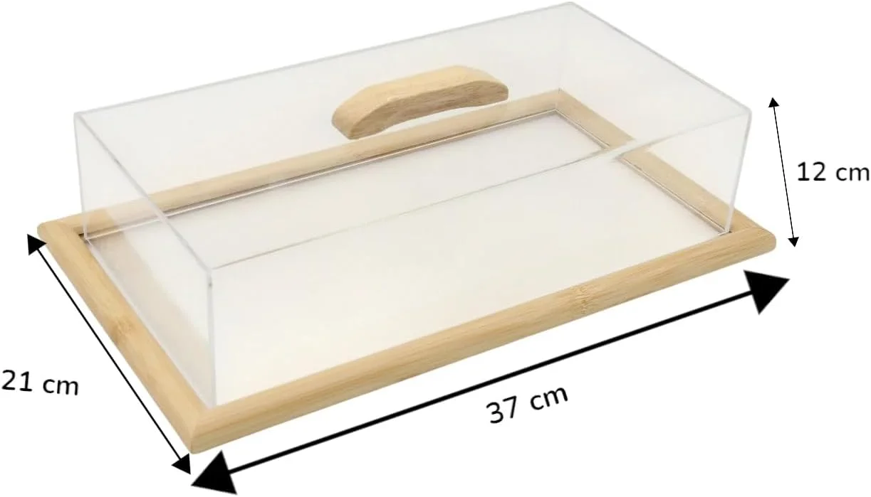 سینی سرو بامبو Hams Ideas با درب اکریلیک شفاف و دسته چوبی - پوشش بزرگ نمایش غذا برای شیرینی، تنقلات، پنیر، دسر - 12x37x21 سانتی متر