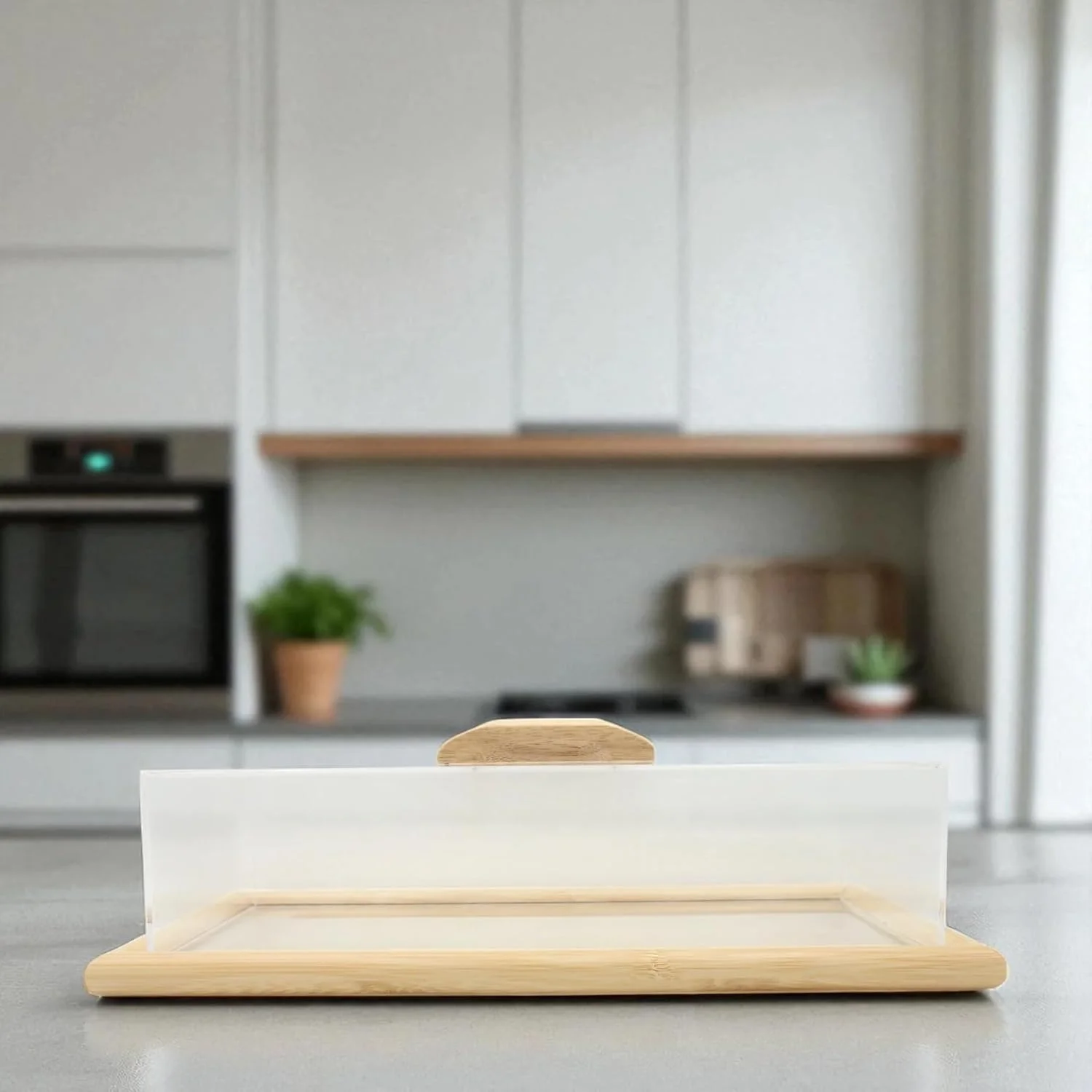 سینی سرو بامبو Hams Ideas با درب اکریلیک شفاف و دسته چوبی - پوشش بزرگ نمایش غذا برای شیرینی، تنقلات، پنیر، دسر - 12x37x21 سانتی متر