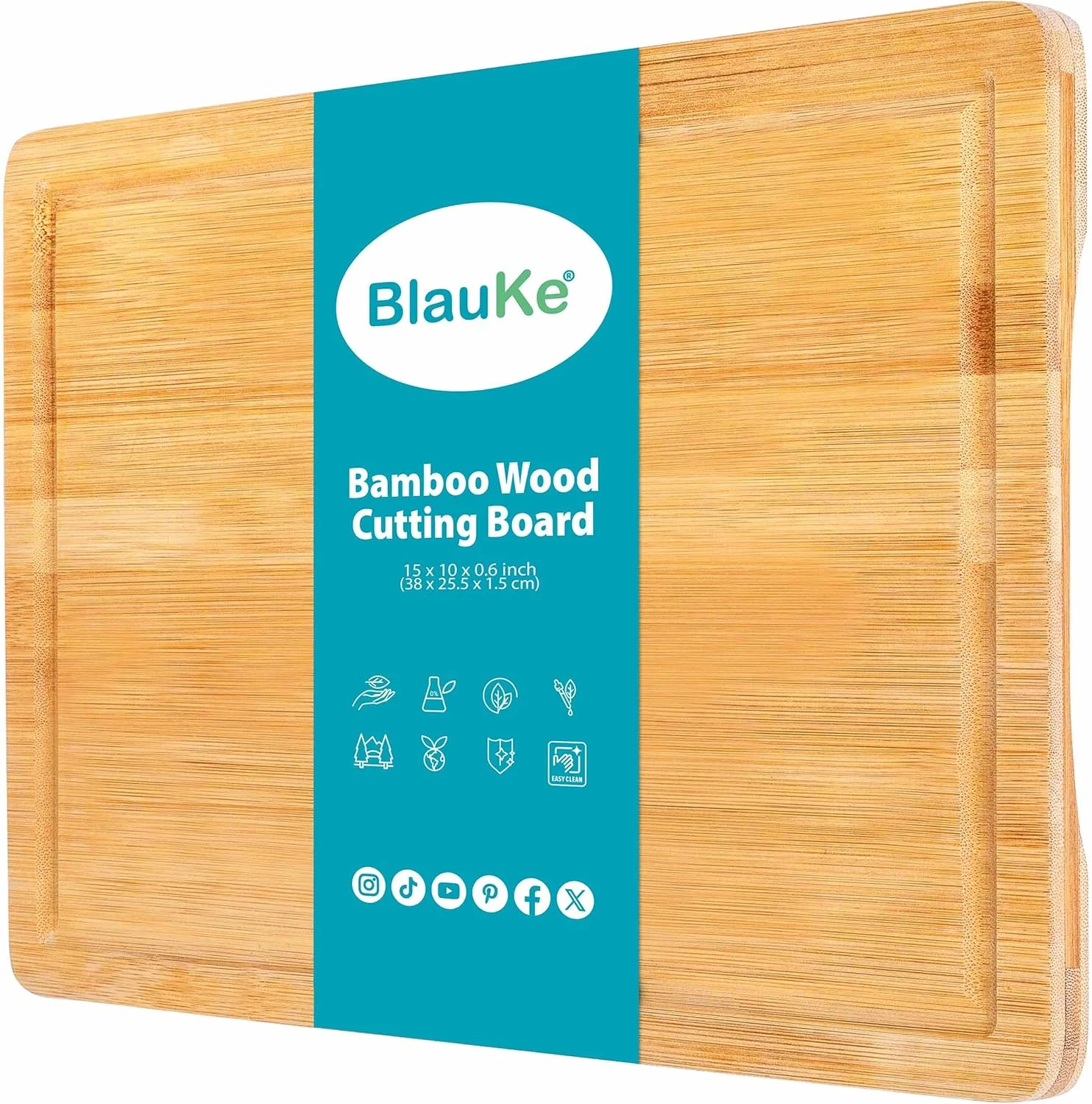 تخته برش چوبی BlauKe برای آشپزخانه - تخته برش بزرگ بامبو 38x25 سانتی متر با شیار آب و دستگیره - تخته خردکن چوبی، سینی سرو - ®