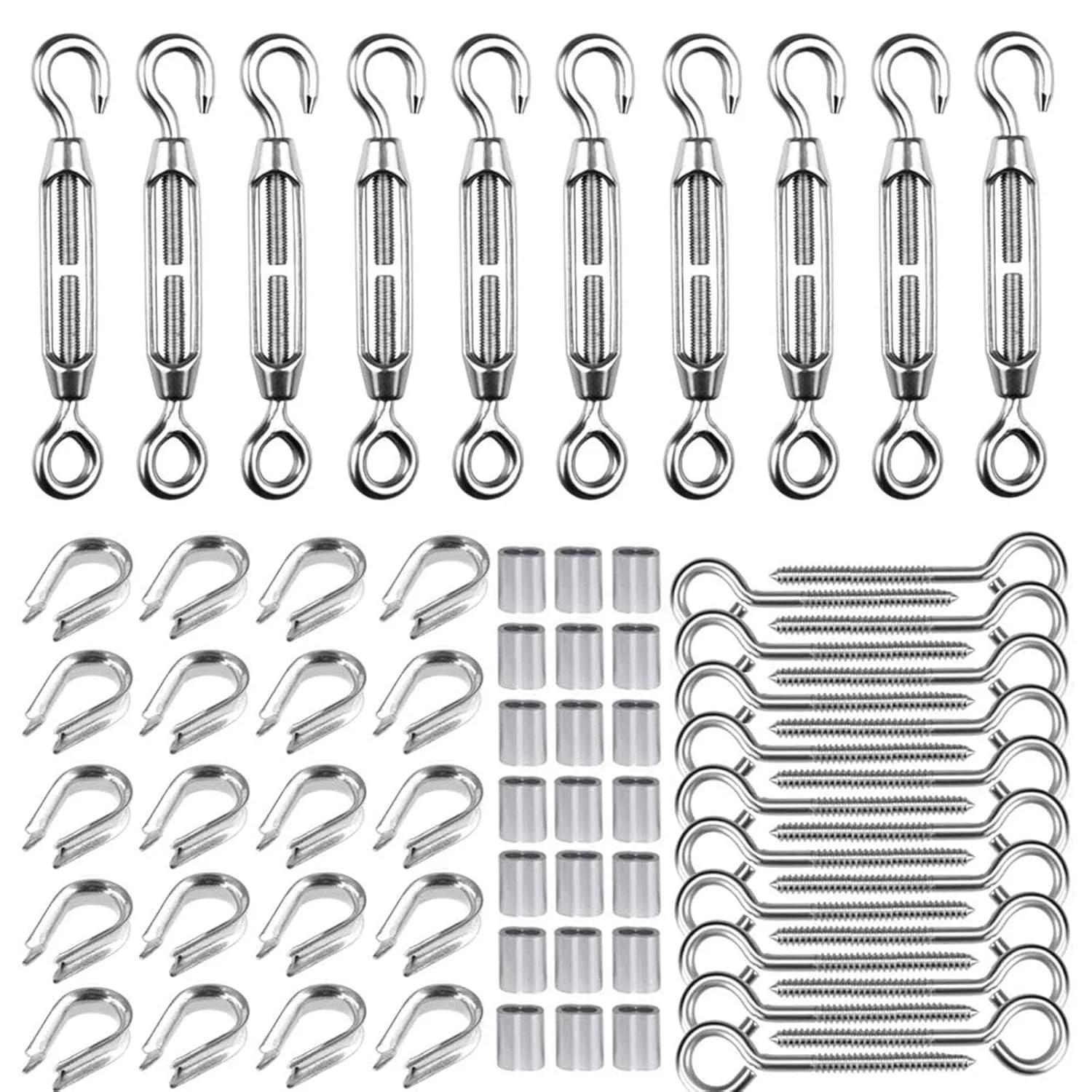 مجموعه مهارکش M5 TooTaci، مهارکش های استیل ضد زنگ برای سیم و کابل 1/8، مجموعه 90 عددی تنظیم کننده کشش سیم برای پایه چوبی نرده کابلی 1/8، آویز چراغ های رشته ای، همراه با قلاب چشمی، بست، انگشتی