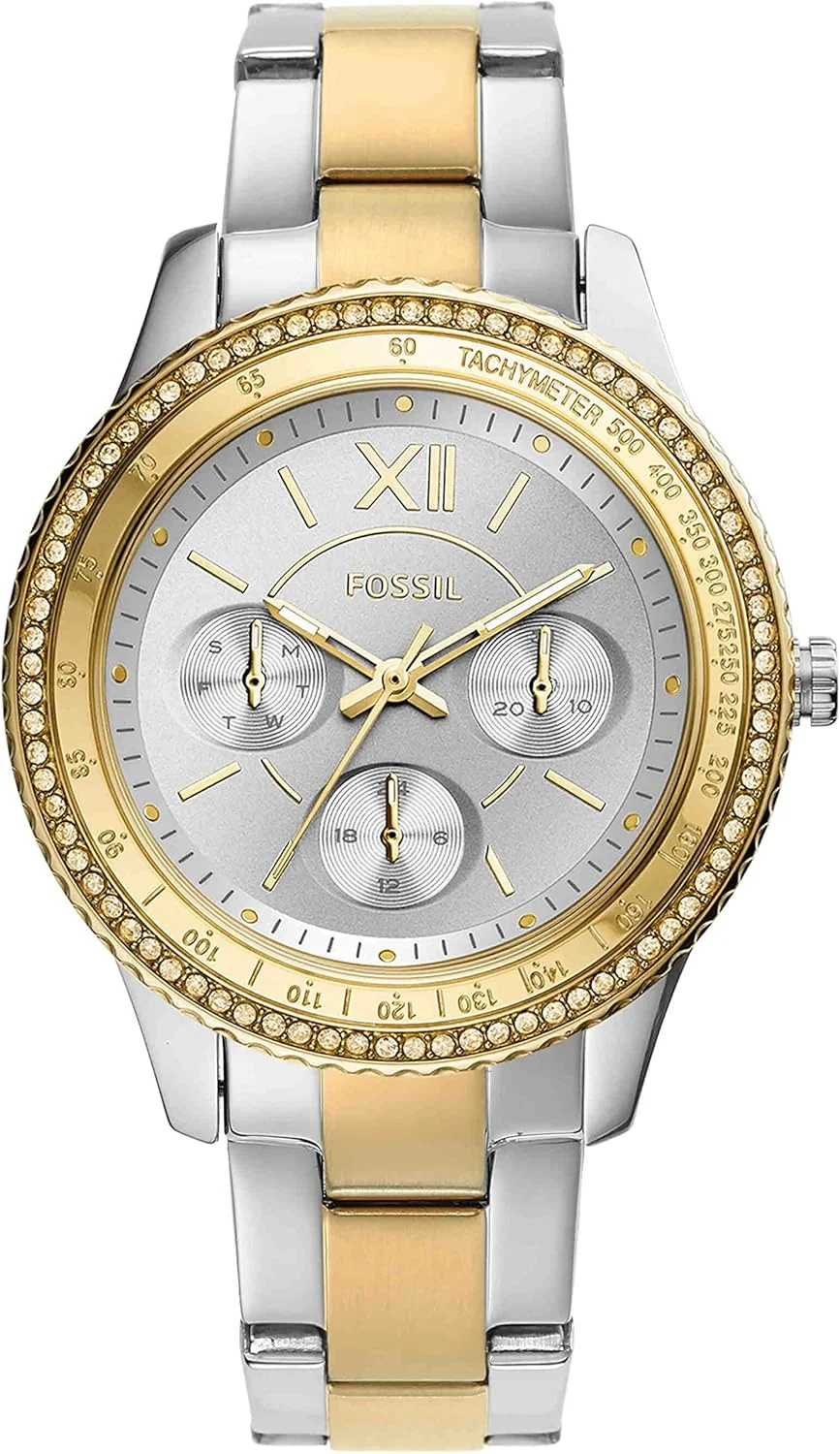 ساعت مچی زنانه فسیل استلا اسپرت کوارتز استیل ضد زنگ چند منظوره، رنگ: طلایی/نقره ای (مدل: ES5107)